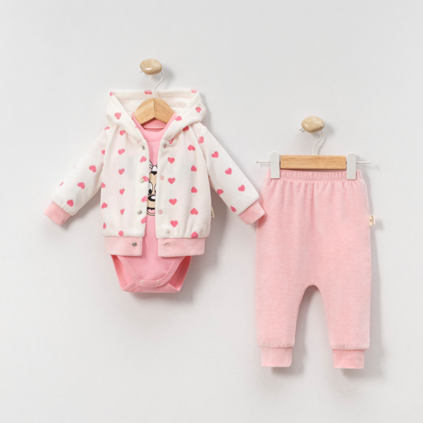 KAPÜŞONLU KALP DETAYLI KADİFE ÜÇLÜ ALT ÜST TAKIM - Pembe - 6 Ay Pembe - Image 1