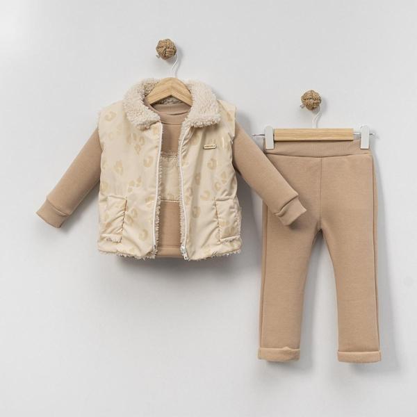 BASKILI PELUŞLU YELEKLİ ALT ÜST TAKIM - Bej - 12 Ay Bej - Image 1