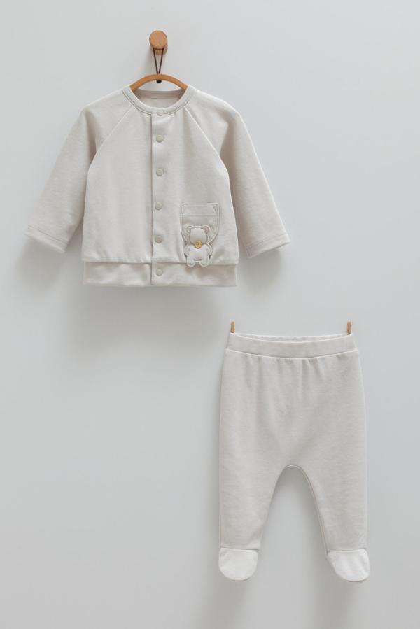 CUTE BEAR ÖN ÇITÇITLI CEP DETAYLI ALT ÜST TAKIM - CARAMELL  - TKE1460 - Gri - 9 - 12 Ay - TKE1460-Gri-9 - 12 Ay Gri - Image 1