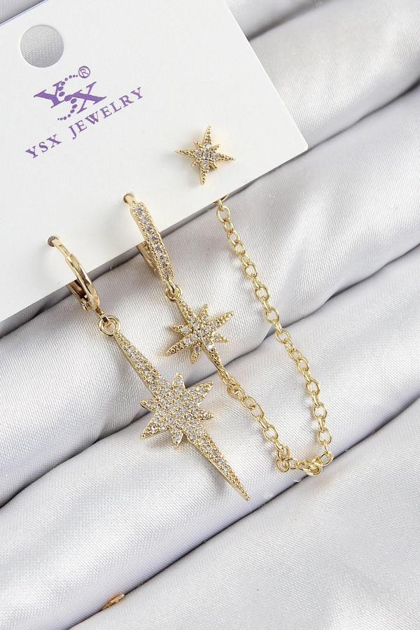 Pirinç Zirkon Taşlı 3'lü Kutup Yıldızı Model Gold Renk Kadın Küpe - TJ-BKP11142 - Image 1