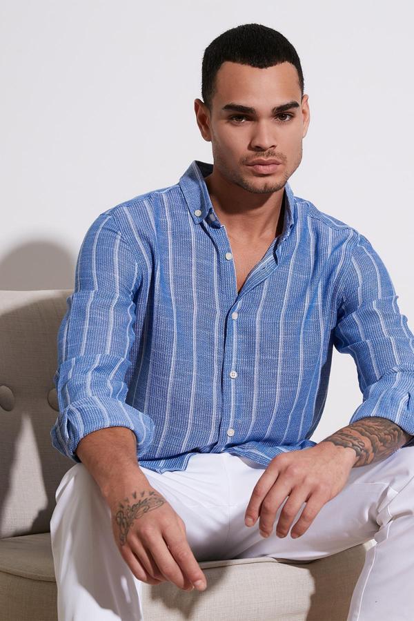 Buratti Pamuklu Çizgili Regular Fit Düğmeli Yaka Erkek Gömlek CF21S112480 SAKS-BEYAZ - Image 1