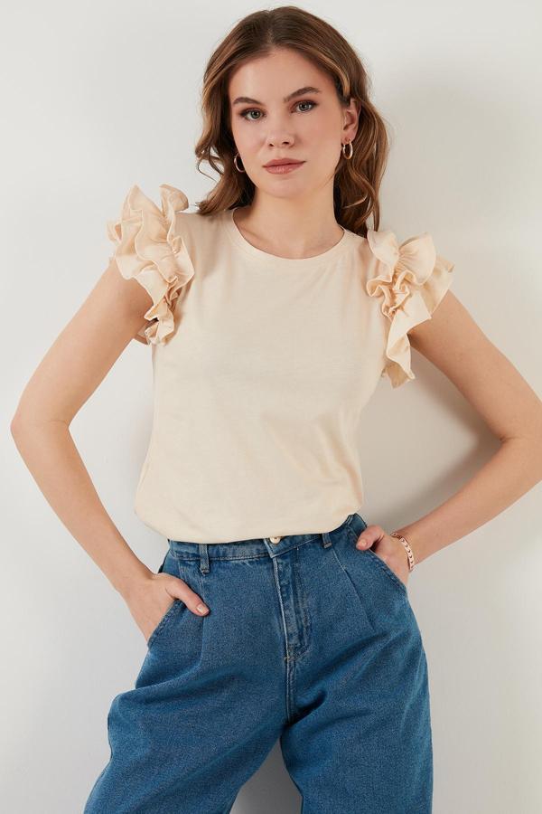 Lela Pamuklu Kolları Fırfırlı Slim Fit Bisiklet Yaka Bayan T Shirt 5864500 TAŞ - Image 1