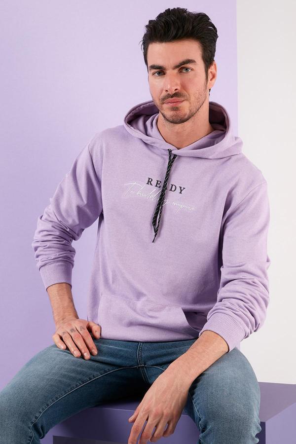 Buratti Slim Fit Baskılı Kapüşonlu Kanguru Cepli Pamuklu Erkek Sweat 5414020 LİLA - Image 1