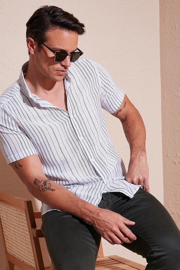 Buratti Çizgili Pamuklu Slim Fit Kısa Kollu Erkek Gömlek CF23S116097 BEYAZ-YEŞİL - Image 1
