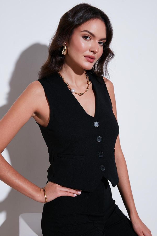 Lela Streç Fitted Fit V Yaka Düğmeli Bayan Yelek 5865971 SİYAH - Image 1