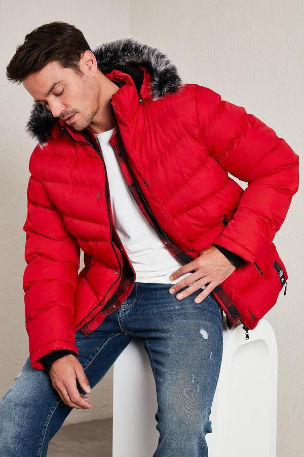Buratti Slim Fit Suni Kürklü Peluş Astarlı Çıkarılabilir Kapüşonlu Şişme Erkek Mont 5761080 B KIRMIZI - Image 1