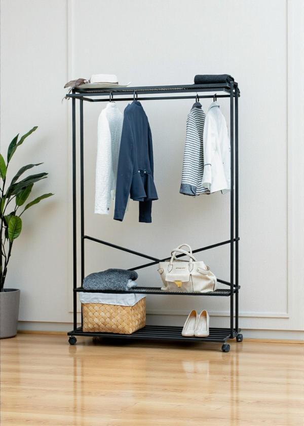 SİYAH METAL ELBİSE ASKILIĞI İKİ YÖNLÜ 3 RAFLI TEKERLEKLİ ASKILIK PORTMANTO VE KONFEKSİYON ASKILIĞI - Image 1