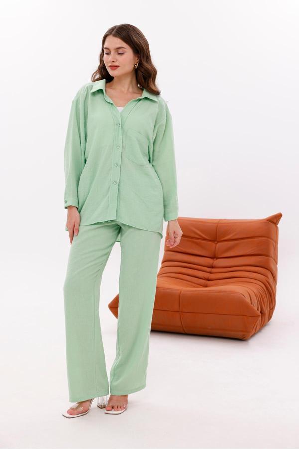 La Pante Beli Lastikli , Bağcıkl,Ön Cepli Düşük Omuzlu Keten Görünümlü Gömlek Pantolon Takım - Image 1