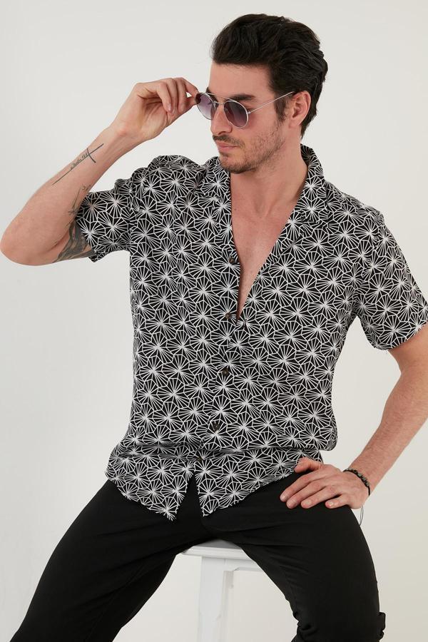 Buratti Regular Fit Kısa Kollu Apaş Yaka Desenli Erkek Gömlek CF21S114293 BEYAZ-SİYAH - Image 1