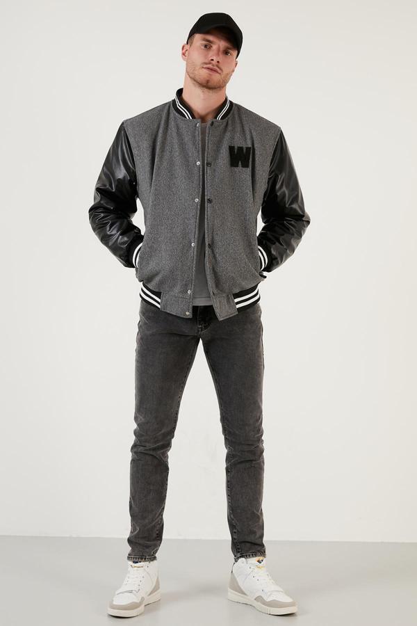 Buratti Armalı Kolları Deri Detaylı Kolej Yaka Bomber Erkek Mont 5715985 GRİ - Image 1