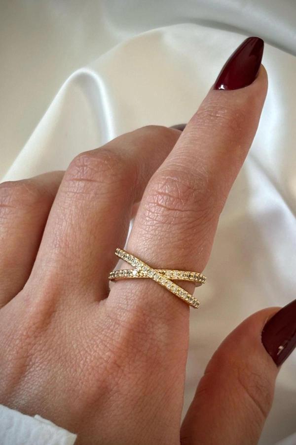 Çapraz Tasarım Zirkon Taşlı Ayarlanabilir Kadın Yüzük - Image 1