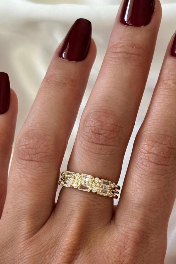 İthal Seri Zarif Baget Zirkon Taşlı Çift Sıra Görünüm Ayarlanabilir Kadın Çelik Yüzük - Image 1