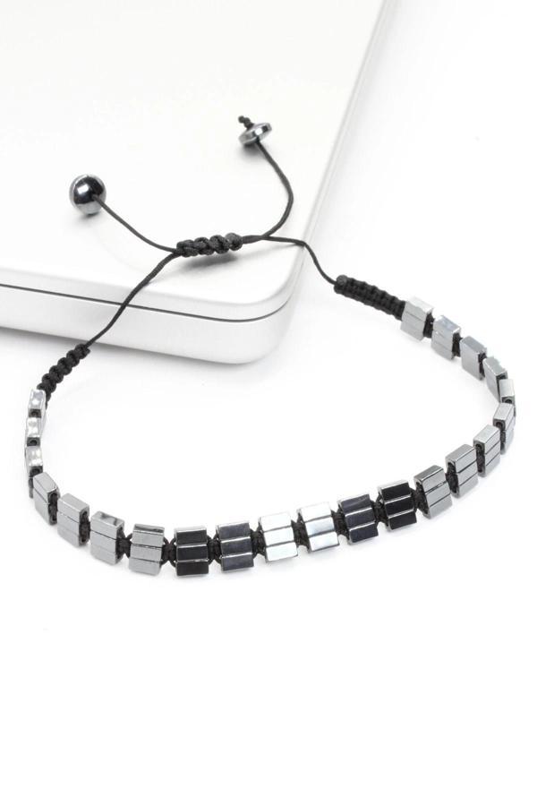 Özel Tasarım İnce Kesim Dikdörtgen Hematit Taşlı Asansör İpli Ayarlanabilir Doğal Taş Erkek Bileklik - Image 1