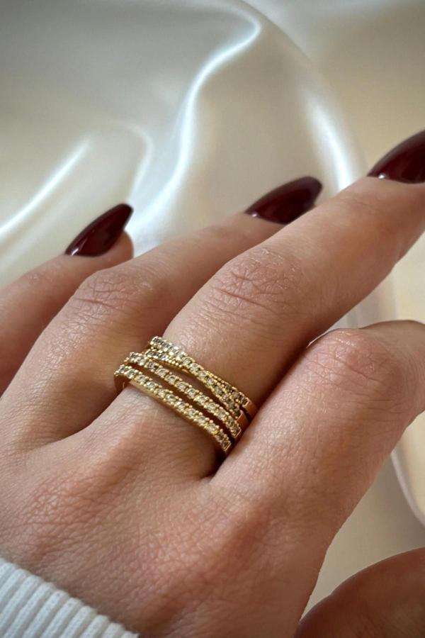 Yeni Sezon 3lü Çapraz Sıra Yarım Tur Zirkon Taşlı Tasarım Ayarlanabilir Kadın Yüzük - Image 1