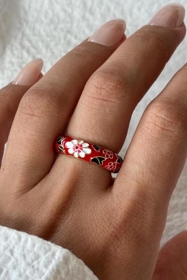 Premium Seri Çok Renkli Çiçek Desen Mineli Ayarlanabilir Kadın Çelik Yüzük - Image 1