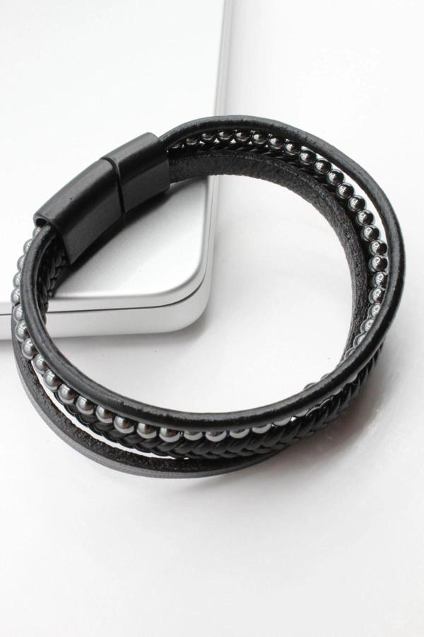 Özel Üretim Örgülü Hematit Taşlı 4'lü Görünüm Manyetik Tokalı Deri Erkek Bileklik - Image 1