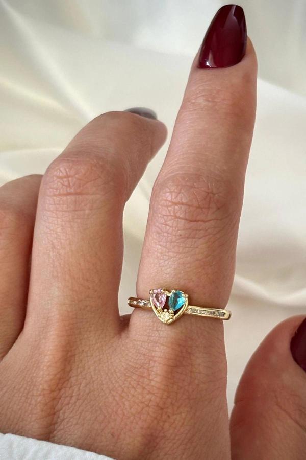 İthal Seri Renkli Zirkon Taşlı Zarif Kalp Tasarım Ayarlanabilir Kadın Çelik Yüzük - Image 1