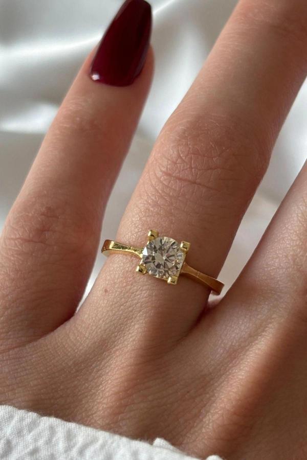 Premium Seri Klasik Yuvarlak Taşlı Tek Taş Tasarım Ayarlanabilir Kadın Yüzük - Image 1