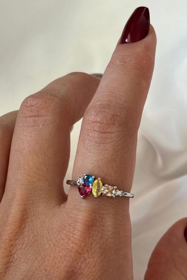 İthal Seri Renkli Zirkon Taşlı Zarif Tasarım Ayarlanabilir Kadın Çelik Yüzük - Image 1