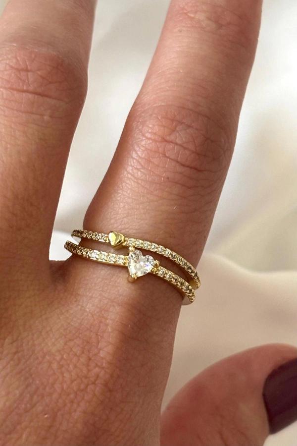 İthal Seri İkili Full Zirkon Taşlı Kalp Tasarım Yarım Tur Ayarlanabilir Kadın Çelik Yüzük - Image 1