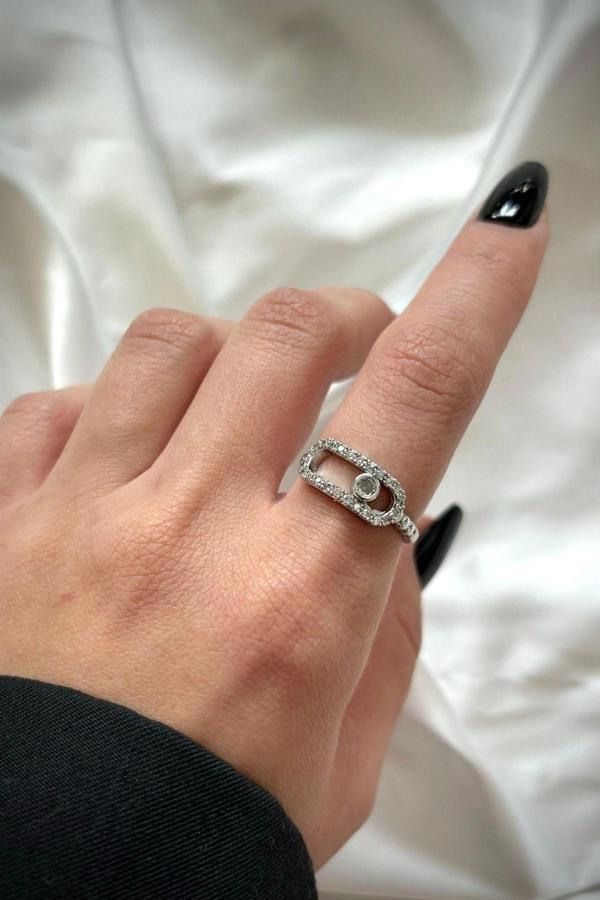 Elips Zirkon Taş Çerçeve Minimal Tek Taş Boncuk Kenar Detaylı Tasarım Kadın Çelik Yüzük - Image 1