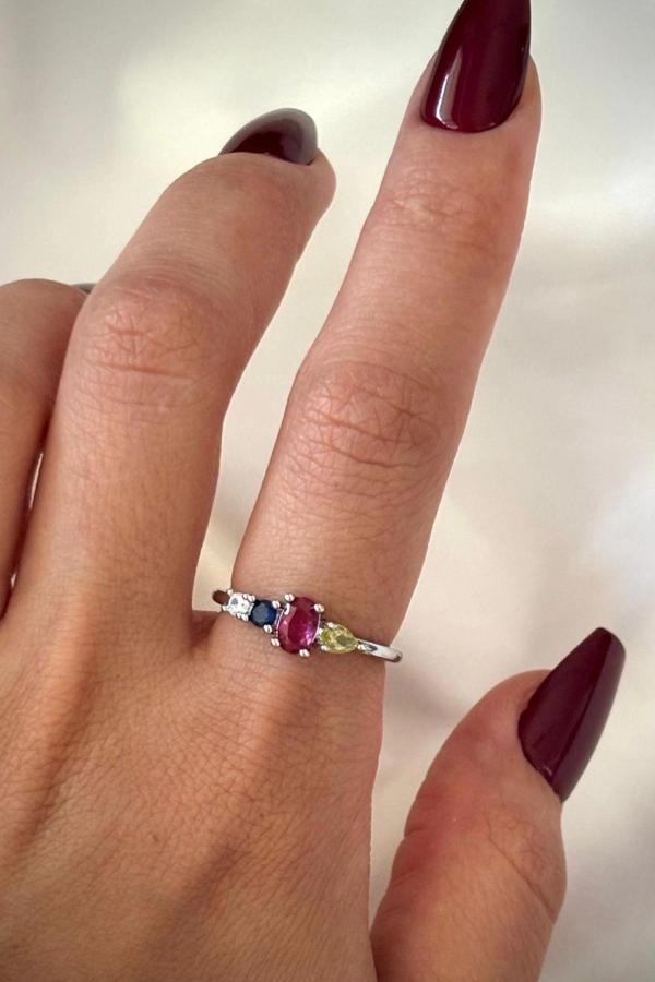 İthal Seri Renkli Zirkon Taşlı Zarif Oval 4 Taşlı Tasarım Ayarlanabilir Kadın Çelik Yüzük - Image 1