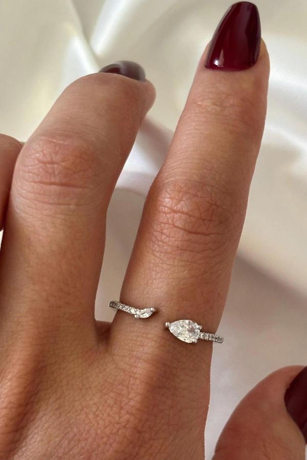 İthal Seri Zarif Zirkon Taşlı Damla Tasarım Ayarlanabilir Kadın Çelik Yüzük - Image 1