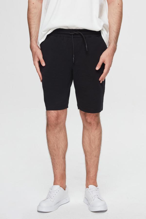 D's Damat Slim Fit Siyah Beli Lastikli Kordon Detaylı Rahat Pamuklu Örme Şort - Image 1