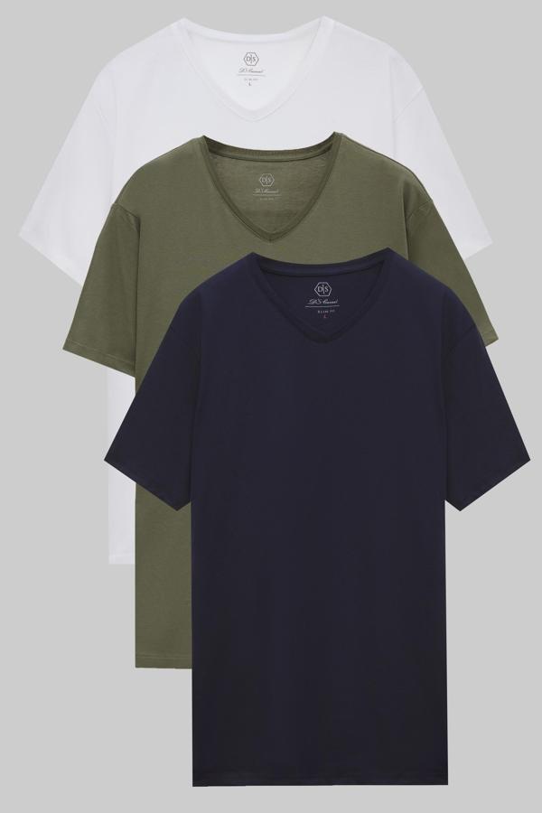 D's Damat Slim Fit Beyaz/Haki/Lacivert 3'Lü Set V Yaka T-Shirt - Image 1