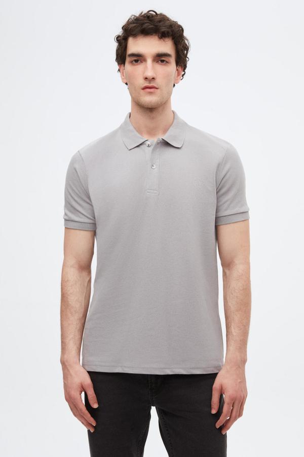 D's Damat Regular Fit Gri %100 Pamuklu Uzun Ömürlü Kıvrılmaz Polo Yaka Nakışlı T-Shirt - Image 1