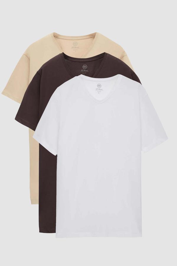 D's Damat Slim Fit Kahve/Bej/Beyaz 3'Lü Set V Yaka T-Shirt - Image 1