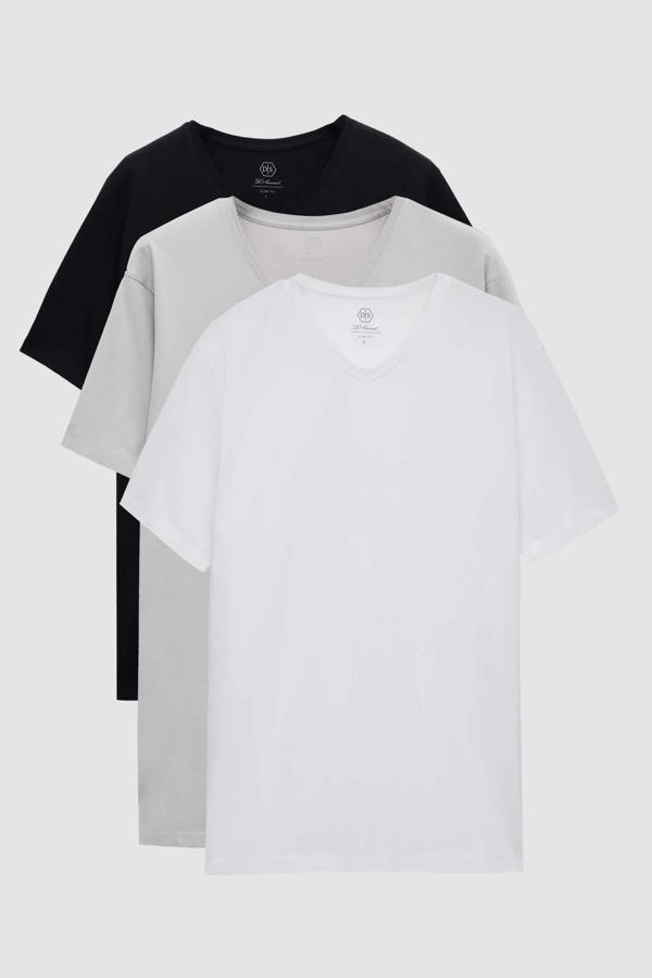 D's Damat Slim Fit Siyah/Gri/Beyaz 3'Lü Set V Yaka T-Shirt - Image 1