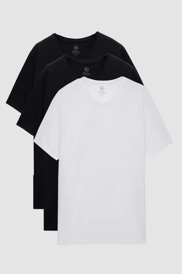 Ds Damat Slim Fit Siyah/Beyaz 3'Lü Set V Yaka T-Shirt - Image 1