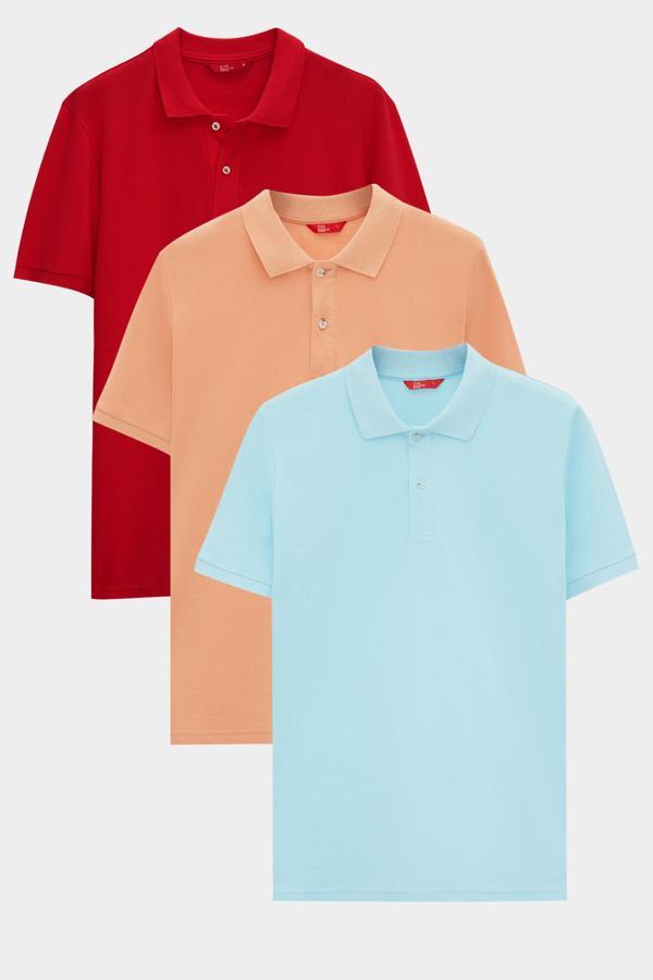 Ds Damat Regular Fit Kırmızı/Kayısı/Açık Turkuaz Pike Dokulu %100 Pamuk Polo Yaka T-Shirt - Image 1