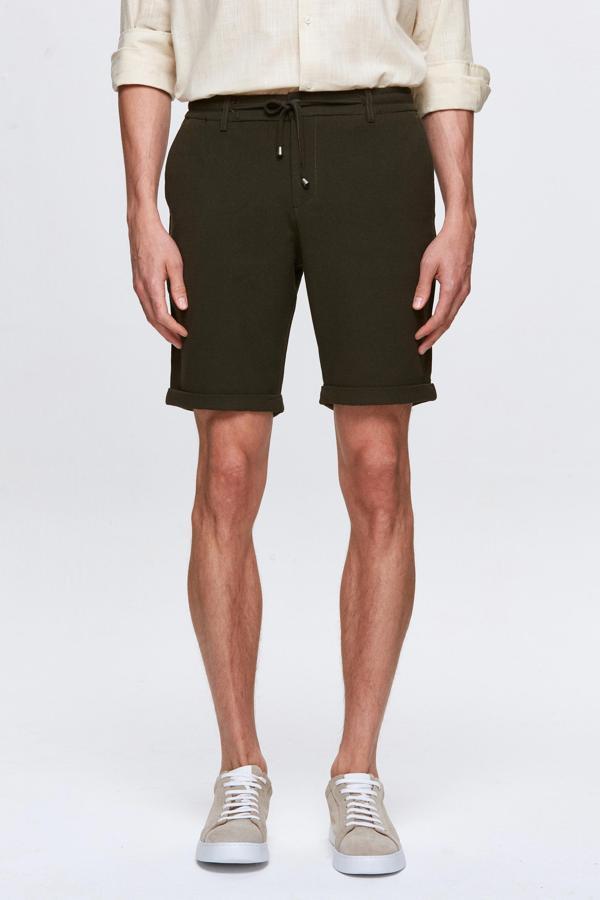 D's Damat Haki Beli Lastikli Bağcık Detaylı Duble Paça Viskonlu Jogger Şort - Image 1