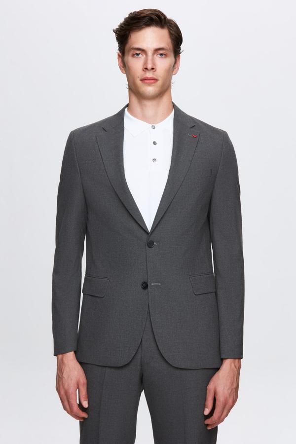 D's Damat Slim Fit Gri Düz Likralı Esnek Mono Yaka Çift Yırtmaçlı Astarlı Takim Elbise - Image 1