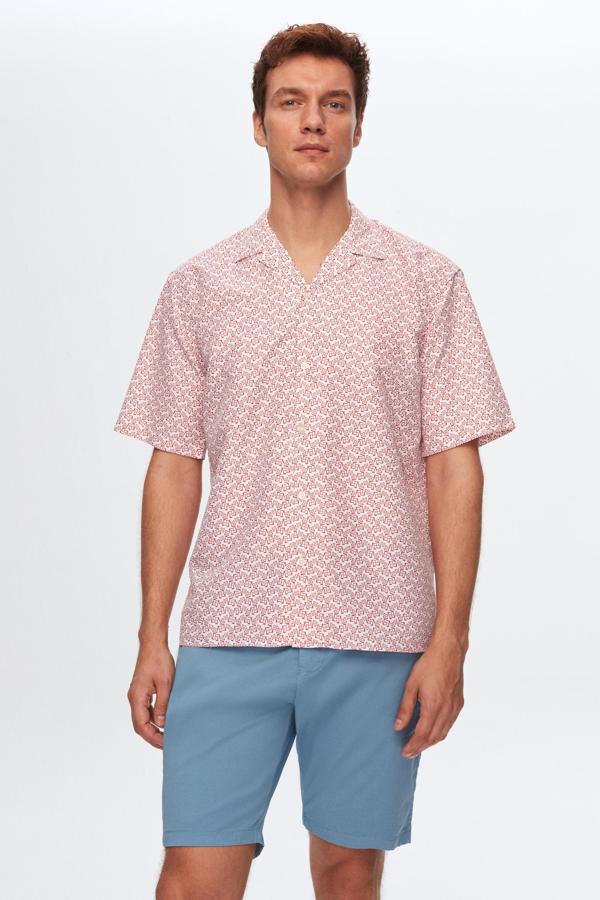 D's Damat Twn Relaxed Beyaz Baskılı Desenli İzci Yaka Kısa Kollu Yazlık Gömlek - Image 1