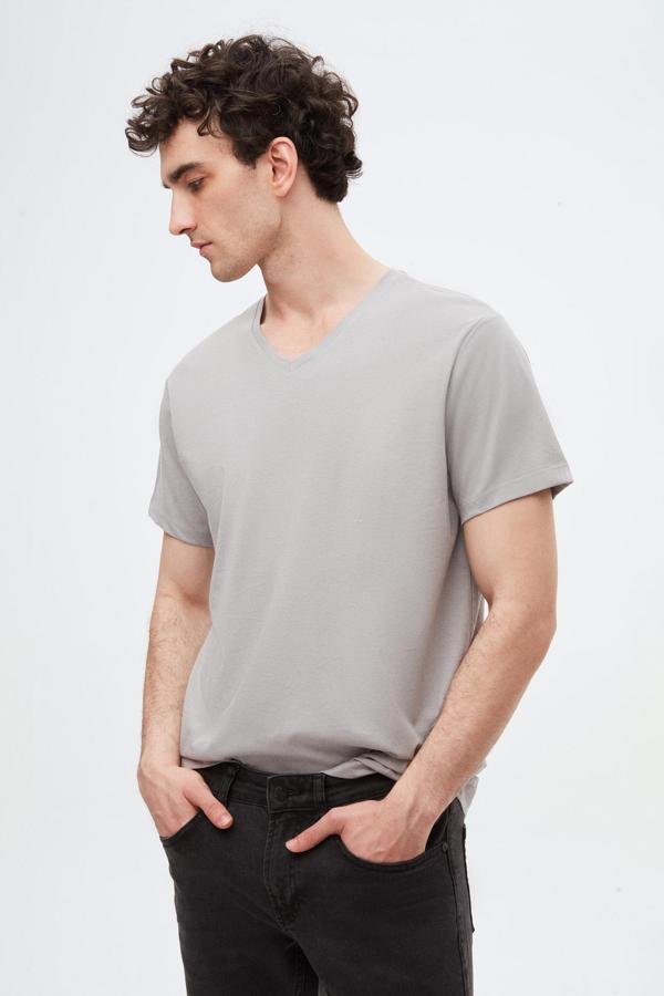 D's Damat Slim Fit Gri V Yaka %100 Pamuk Tişört - Image 1
