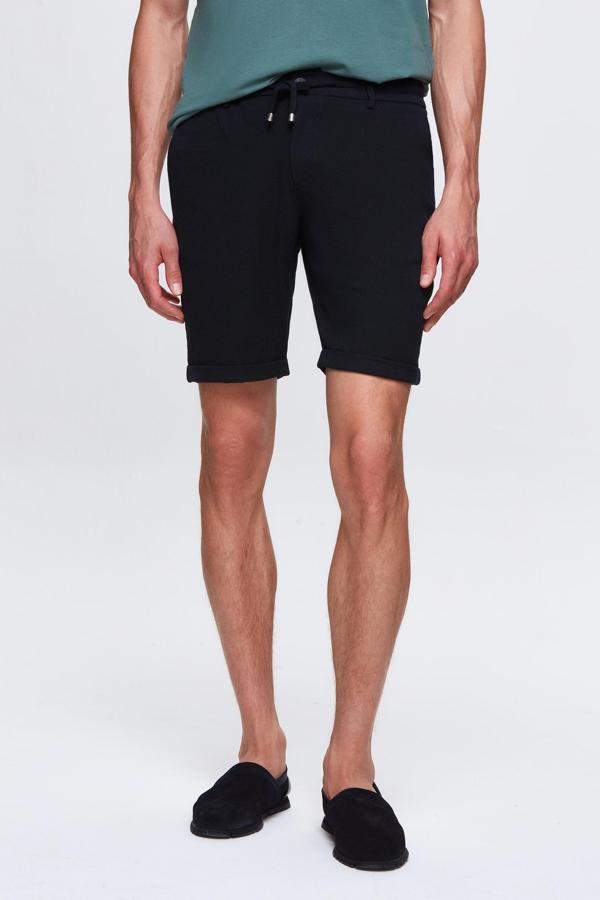 D's Damat Lacivert Beli Lastikli Bağcık Detaylı Duble Paça Viskonlu Jogger Şort - Image 1