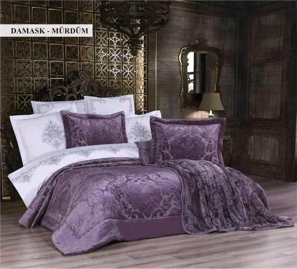 Ecosse 10 Parça Çeyiz Seti (Battaniye+Nevresim Takımı+Yatak Örtüsü)-Damask Mürdüm - Image 1