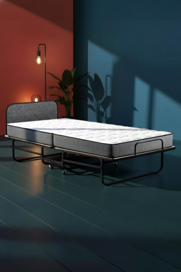 Niron Bonbon Katlanır Yatak | 90x200 cm | Metal Karyola, Kapitoneli Metal Başlık, 14 cm Sünger Yatak - Image 1