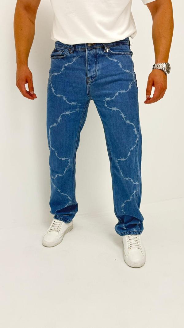 Chain Baggy Denim Orta Mavi Lazer Bakılı Erkek Jean Pantolon - Image 1