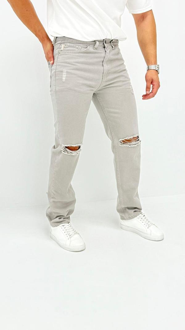 Adriel Baggy Denim Açık Gri Diz Yırtıklı Erkek Jean Pantolon - Image 1