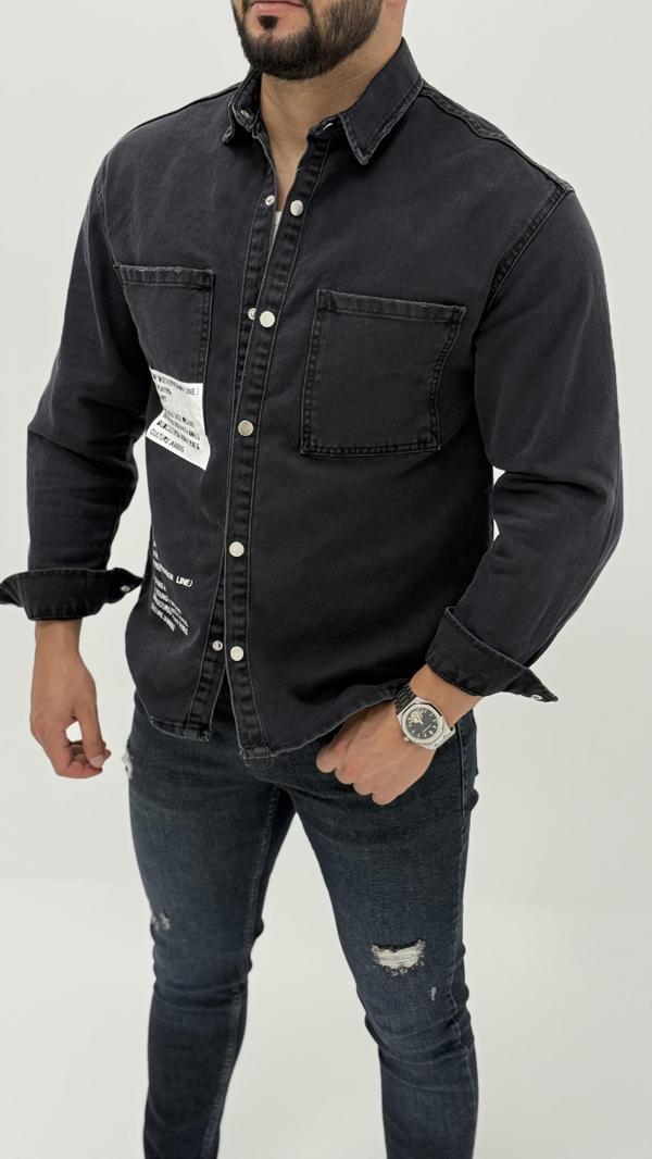 Jayden Classic Denim Black Dıgıtal Baskılı Vintage Jean Erkek Gömlek  - Image 1