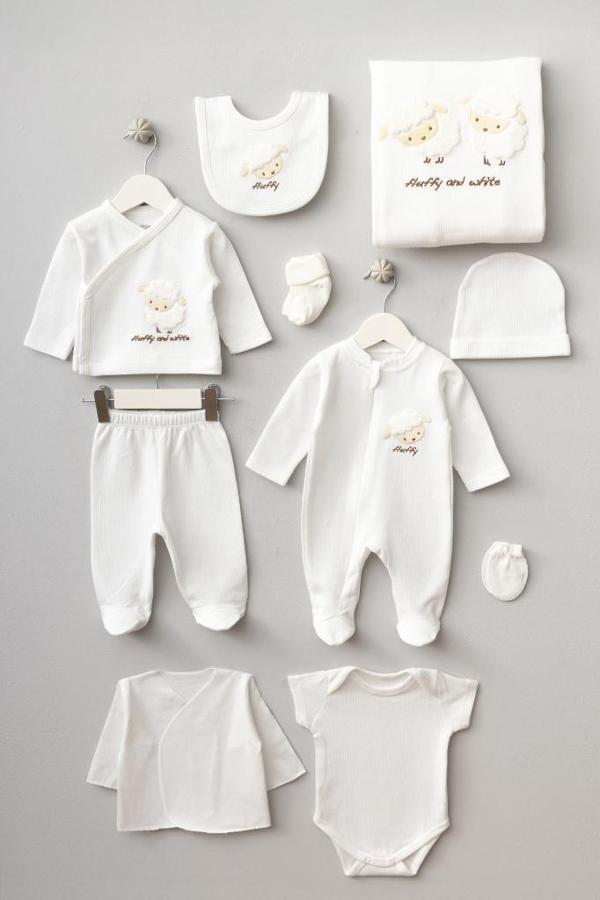 Bebitof %100 Pamuk Sevimli Kuzu Desenli 10 Parça Kutulu Yenidoğan Hastane Çıkışı Zıbın Seti BBTF.EKR.10120 - Image 1