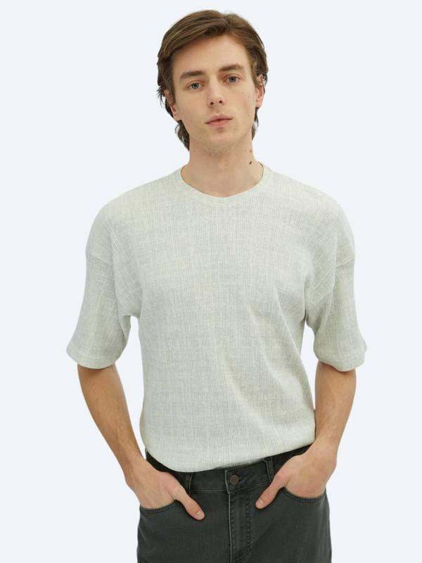 Açık Haki Baskılı Bisiklet Yaka Pamuk Karışımlı T-Shirt - Image 1