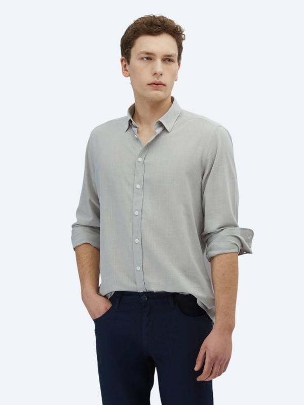 Açık Gri Düz Regular Fit Dokuma Casual %100 Pamuk Gömlek - Image 1