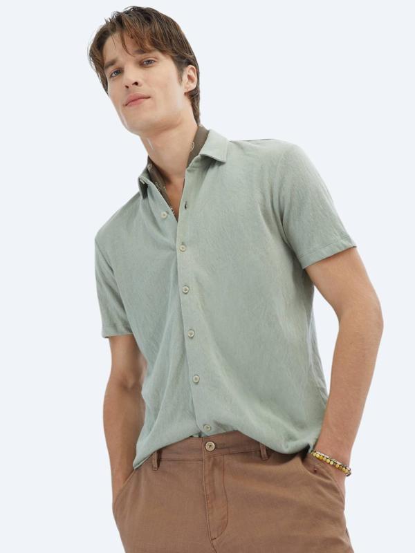 Açık Haki Düz Regular Fit Casual Pamuk Karışımlı Gömlek - Image 1