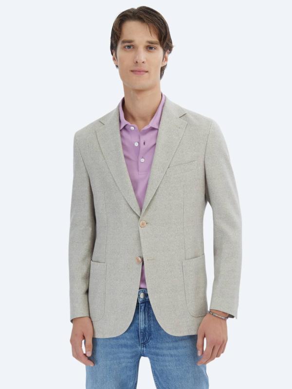 Açık Haki Desenli Modern Fit Keten Karışımlı Ceket - Image 1