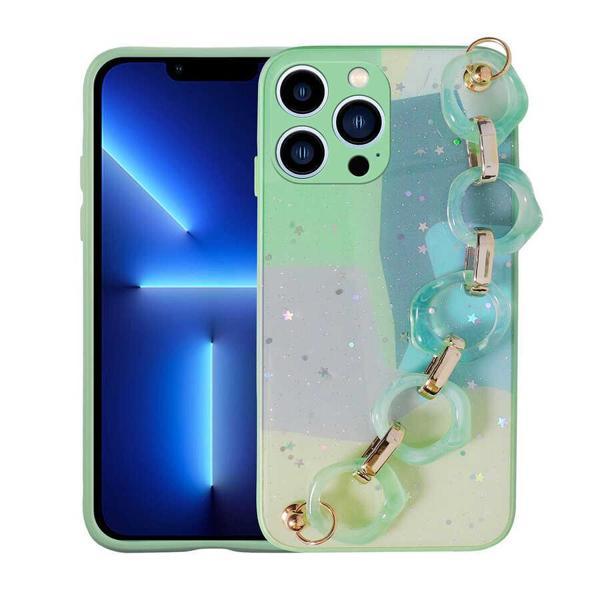 iPhone 12 Pro Uyumlu Simli Desenli El Askılı Tutacaklı KHYR Elsa Silikon Kılıf-Yeşil - Image 1